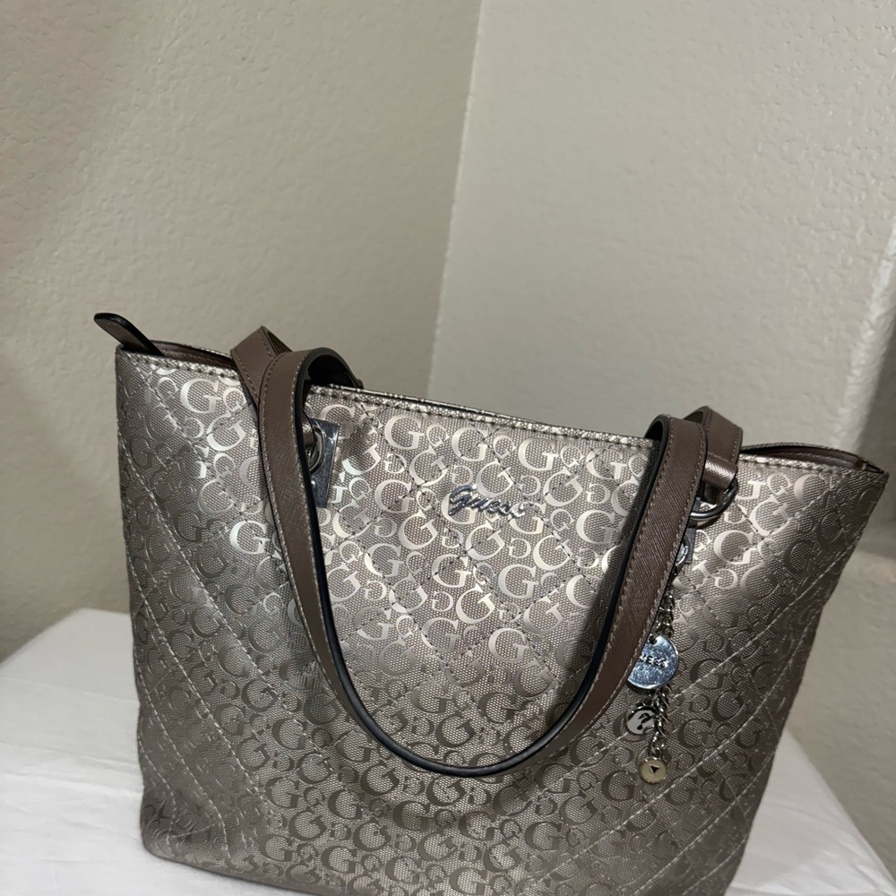 Guess Shimmering Silver Logo Tote
